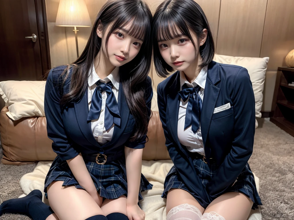 (8K, Raw photography, top-quality, masterpiece:1.2), master piece, best quality, illustration, Super detailed, fine details, High resolution, 8K,wall paper, perfect dynamic composition,(Details High quality, realistic depiction of eyes:1.3), ((2 girls, 2 schoolgirls)), The background is a luxury hotel room、High school girl uniform、blazer 、Super Short Check Uniform Skirt、Navy blue high socks、garterbelts、Colossal tits、Disturbed uniform, Play with each other,Touching each other's bodies,Touching the body of the girl next door, short bob hair, black hair color, huge breasts, Big Natural Color Lip, bold sexy pose, (perfect body shape), crying a little、cold gaze, Beautiful makeup,glitter makeup,Cutest 18 years old, beautiful legs, hposing Gravure Idol, Voluptuous thighs