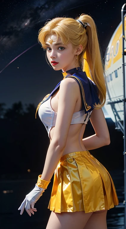 ((masterpiece:1.4)、(top-quality:1.4)、(reallistic:1.7))、masuter piece:1.4、a beauty girl、(Sailor Moon:1.4)、Tsukino Usagi、Body Fit Sexy Sailor Senshi Uniform、(latex shiny)、(The jacket is a white sleeveless sailor suit)、(Skirt is blue sexy ultra ultra mini skirt)、The collar of the sailor suit is blue with two thin lines.、high leg swimsuit、Red cloth ornament on chest、(Wearing white gloves)、Kawaii Girl、Super beauty、foco nítido、Portrait photos、Upper body photography:1.4、beautiful countenance、beautidful eyes、Narrow waist、beauty legs、(yellow hair:1.4)、(length hair:1.2)、Beautiful udder、large full breasts:1.2、Sexy ass、Raw photo、red-lips、Red high heels:1.4、a choker:1.4、a necklace:1.4、耳Nipple Ring:1.4、Luxurious Golden Tiara:1.4、1 screen display、a moon、kosmos、spaceships、A space station、City of the Future