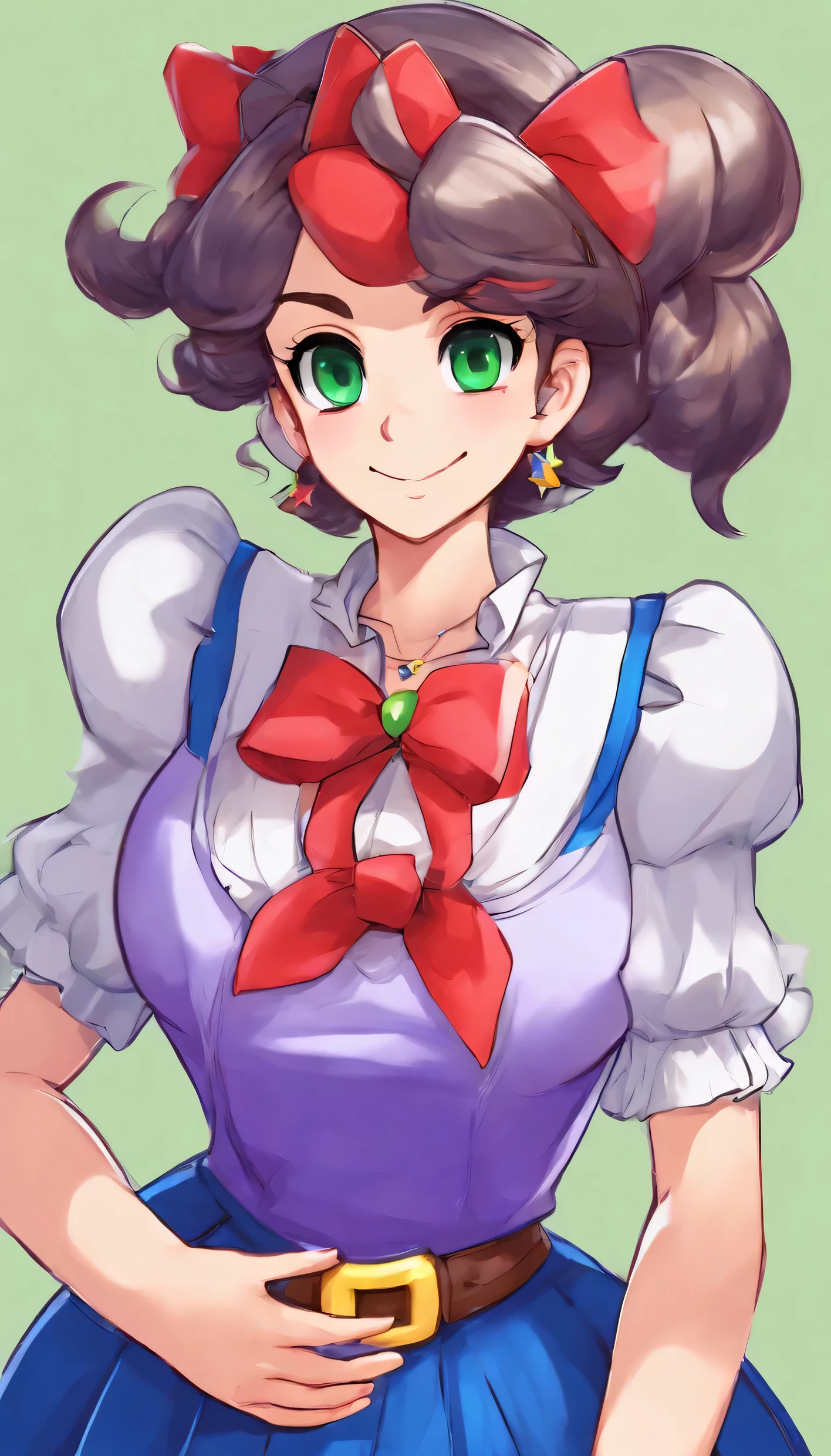 a girl Beautiful respect responsibility strict good big chest Short purple hair cut round her brown eye she dresses White blouse with closure blue line shows navel and a long blue skirt green heel put two red bow on her head