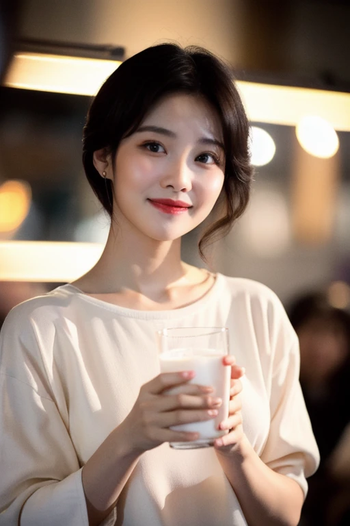(Cinematic Aesthetic:1.4) Photo of a beautiful korean fashion model bokeh city night right hand raised, holding a glass of milk, facing to the audience, best quality 8k, smile mouth