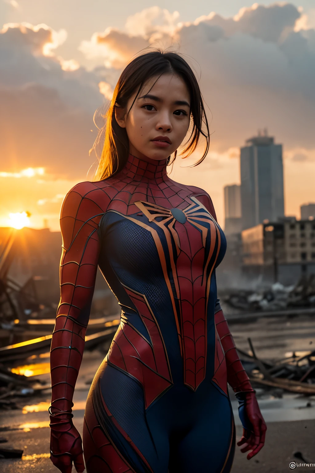 Woman in detailed Spider-Man costume, large breasts, superhero pose, standing in ruined city at sunset, hyperdetailed, smoke, sparks, sunbeams, (8k), realistic, symmetrical, award-winning, cinematic lightning, soaked, film, 75mm, scratches, full body shot, close-up, torn and dirty clothes, detailed face,