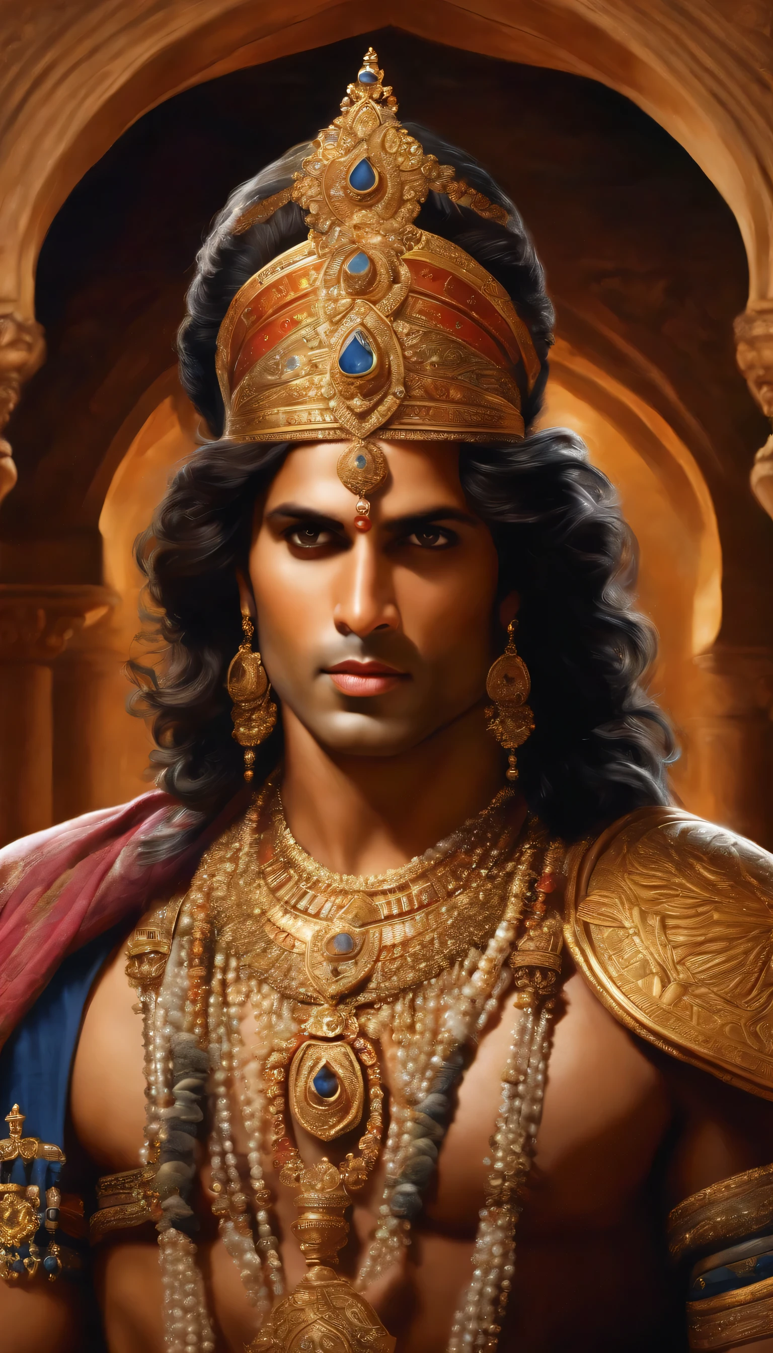 (best quality,ultra-detailed,realistic:1.37),(portrait,Historic),(Arjuna),(adult),(intense gaze towards the viewer),(long hair),(wearing armor and ancient bow),(bright and vibrant colors),(traditional ornament),(Hindi gold crown),(historic background),(inside a palace),(soft, warm lighting),(meticulously painted textures),(masterpieces:1.2),(fine brushstrokes),(expressive facial features),(subtle shadow and highlights),(exquisite attention to detail),(biblical character),(solemn and dignified),(majestic and powerful),(divine inspiration),(captivating and engaging),(mesmerizing and awe-inspiring)
