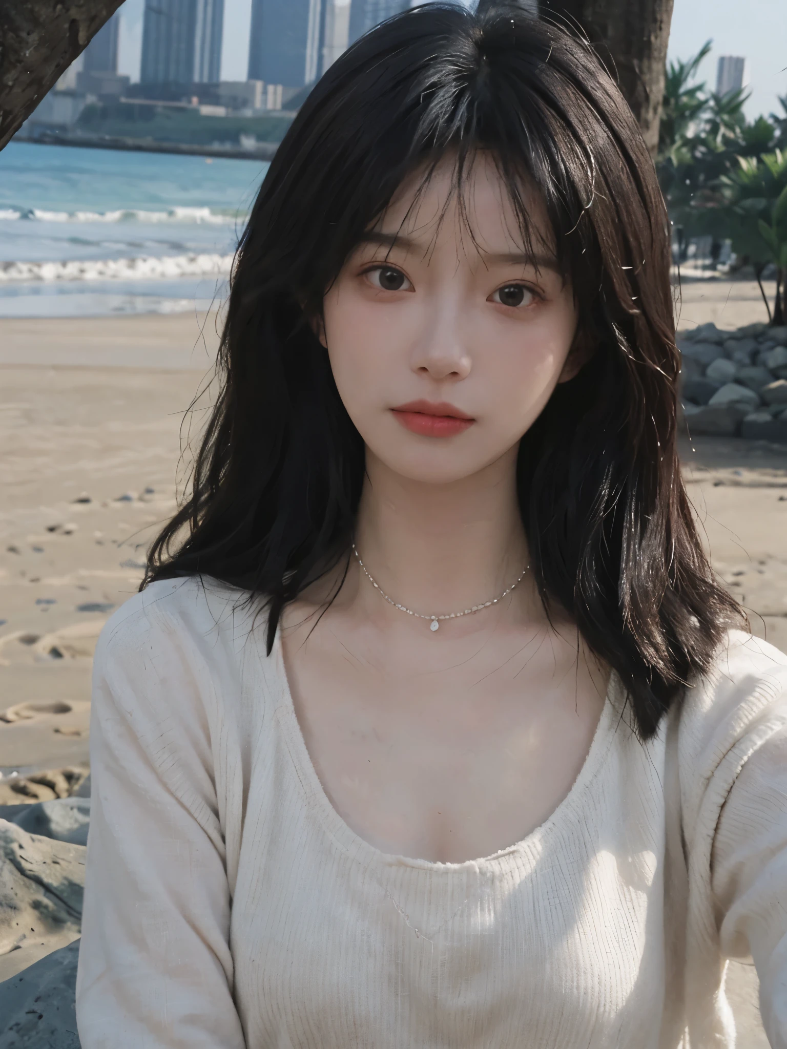 best qualtiy, Ultra-high resolution, (realisticlying:1.4),cute hairpin,1girll,with long coiled hair,Quartered sweater ,Blushlush,Beautiful woman with a slim figure:1.4, Pronounced abs,On the sandy beach,Ultra-fine face,Elaborate Eyes,double eyelid,choker necklace