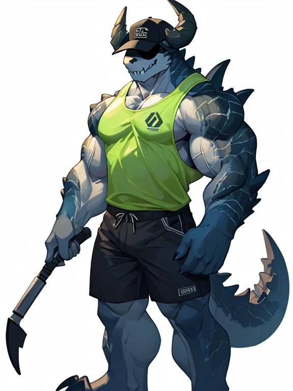 Quantum-Deathclaw, good looking, ((Radioactive)) (blue glow) male, anthro, shorts, ultradetailed, muscular, solo, bareness, rippling muscles, muscles, simple background, white background, tail, (((cap))), (((obscured eyes))), smile, sleeveless shirt, two-tone fur, sharp teeth, casual,