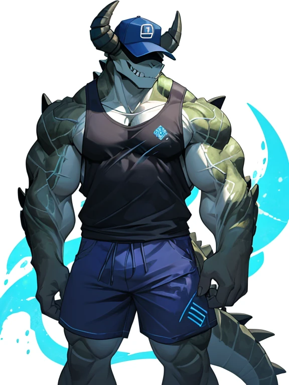 Quantum-Deathclaw, good looking, ((Radioactive)) (blue glow) male, anthro, shorts, ultradetailed, muscular, solo, bareness, rippling muscles, muscles, simple background, white background, tail, (((cap))), (((obscured eyes))), smile, sleeveless shirt, two-tone fur, sharp teeth, casual,

