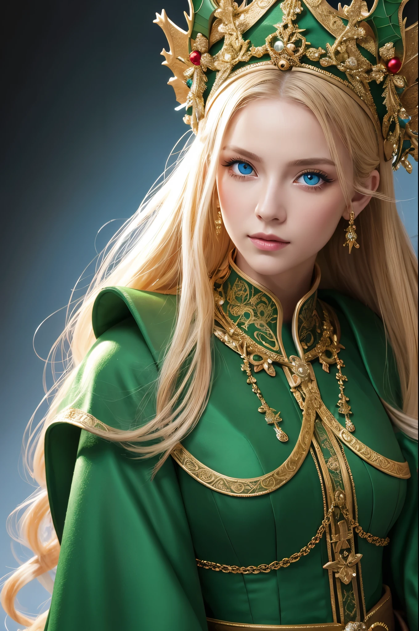 Portrait of a beautiful empress, Blonde Hair, Perfect Blue Eyes, wonderful, An incredibly impressive large Christmas headpiece, Clothing Santa Robe, All about Christmas, snow, Symmetric, Dramatic studio lighting, Rococo, Baroque, green, Asian, Hyperrealism, close, d&d, Fantasy, Complex, elegant, Very detailed, Digital Painting, Art Station, Octane Rendering, 8k, Concept Art, mat, Sharp focus