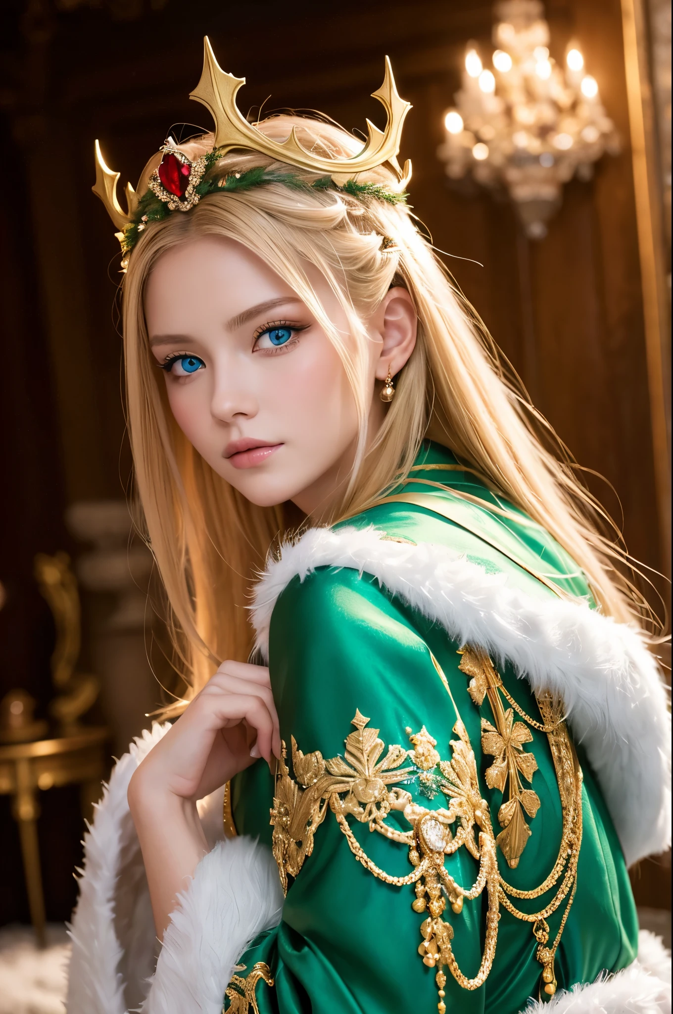 Portrait of a beautiful empress, Blonde Hair, Perfect Blue Eyes, wonderful, An incredibly impressive large Christmas headpiece, Clothing Santa Robe, All about Christmas, snow, Symmetric, Dramatic studio lighting, Rococo, Baroque, green, Asian, Hyperrealism, close, d&d, Fantasy, Complex, elegant, Very detailed, Digital Painting, Art Station, Octane Rendering, 8k, Concept Art, mat, Sharp focus