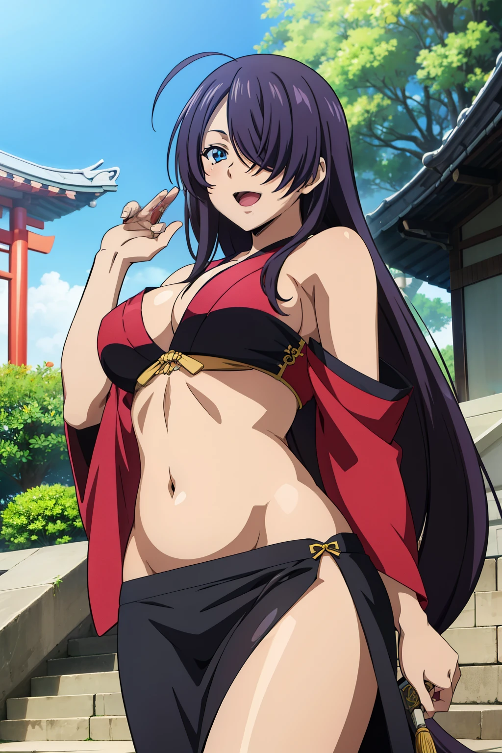  kanu unchou, anime cels style, large breasts:, beautiful face, black hair, long hair, ((hair over one eye)), blue eye, masterpiece, best quality, highly detailed, a anime girls in kimono dress with a sword posing for a
picture, bare shoulder,open kimono, evil smile, open mouth, crop top , (nsfw) not safe for work, smile,
ecchi anime style, anime girls, ecchi style, ecchi, digital anime art!!, in anime style, official artwork, visual
novel cg, beautiful anime girl, anime style 4 k, kimono pencil skirt, exposed belly, exposed navel,
exposed midriff, exposed lower belly, outdoor, japanese architecture, temple