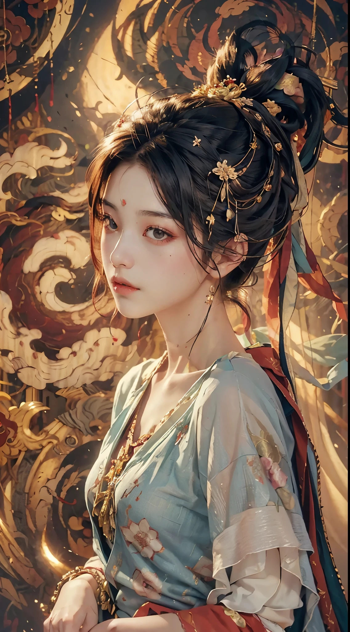 (RAW Photo, Best Quality), (Realistic, Photo Realistic: 1.3), Best Quality, Highly Detailed, Masterpiece, Hyperdetail, Illustration, 1 Girl, upper_body, Dynamic Angle, World Masterpiece Theater, messy_long_hair, Best Quality, Extremely Detailed CG Unified 8k Wallpaper, Ink, Amazing, Cinematic Lighting, lens_flare, Chu Chu Touching,A kind face,A look of ecstasy,near-flat chest,Small Bust,Small breasts,A beautiful girl with a slim figure,Oriental Beautiful Girl,