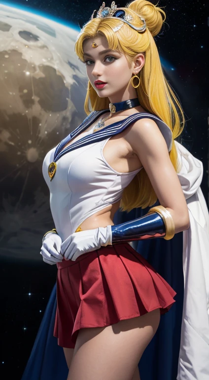 ((masterpiece:1.4)、(top-quality:1.4)、(reallistic:1.7))、masuter piece:1.4、a beauty girl、(Sailor Moon:1.4)、Tsukino Usagi、Body Fit Sexy Sailor Senshi Uniform, showing super Calvages, showing half nude breasts, (latex shiny)、(The jacket is a white sleeveless cut off half chest sailor suit)、(Skirt Blue Sexy Ultra Ultra Pleated Mini Skirt)、The collar of the sailor suit is blue with two thin lines.、high leg swimsuit、Red cloth ornament at chest、(Wearing white gloves)、Kawaii Girl、Super beauty、sharp focus、Portrait photos、front side view, Upper body photography:1.1、Beautiful face、beautiful eyes、Narrow waist、beauty legs、(yellow hair:1.4)、(length hair:1.4)、Beautiful udder、large full breasts:1.4、Sexy ass、Raw photo、red-lips、Red high heels:1.4、a choker:1.4、a necklace:1.4、earrings:1.4、Luxurious Golden Tiara:1.4、1 screen display、a moon、kosmos、spaceships、A space station、City of the Future