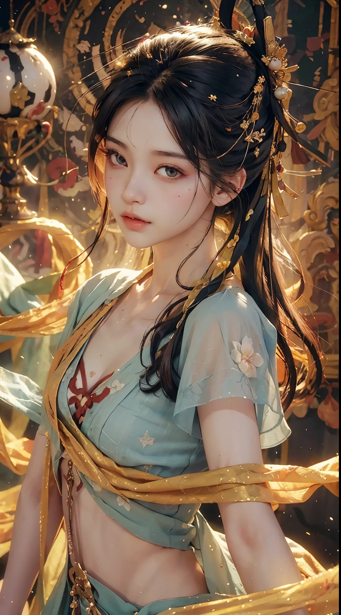 (RAW Photo, Best Quality), (Realistic, Photo Realistic: 1.3), Best Quality, Highly Detailed, Masterpiece, Hyperdetail, Illustration, 1 Girl, upper_body, Dynamic Angle, World Masterpiece Theater, messy_long_hair, Best Quality, Extremely Detailed CG Unified 8k Wallpaper, Ink, Amazing, Cinematic Lighting, lens_flare, Chu Chu Touching,A kind face,A look of ecstasy,near-flat chest,Small Bust,Small breasts,A beautiful girl with a slim figure,Oriental Beautiful Girl,
