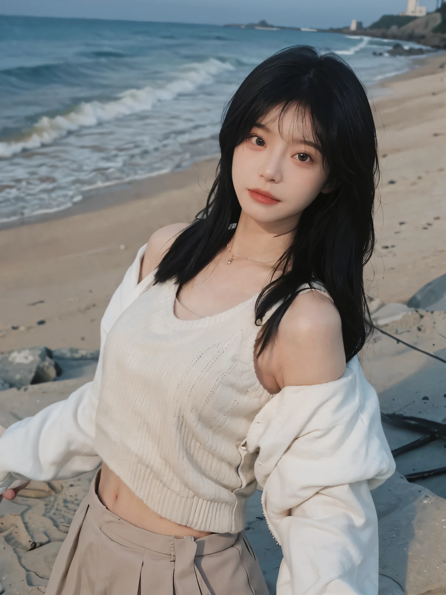 best qualtiy， Ultra-high resolution， （realisticlying：1.4），cute hairpin，1girll，with long coiled hair,Quartered sweater ，Blushlush，Beautiful woman with a slim figure:1.4, Pronounced abs，On the sandy beach,Ultra-fine face，Elaborate Eyes，double eyelid，choker necklace