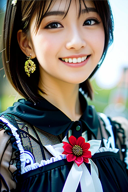 (Highest quality details:1.2), Realistic, 8K Ultra HD, High resolution, Fujifilm(Medium format), Hasselblad, Carl Zeiss, Incredible dynamic range photography(utility_art:Smoose-768:1.1), (One Girl:1.2), Super detailed, High quality textures, Intricate details, detailed, Very detailed CG, High Quality Shadows, detailed Beautiful and delicate face, detailed Beautiful and delicate eyes, Depth of written boundary, Ray Tracing, 18 years old, Cute Japanese Girl, Narrow Face, Glossy lips, Glowing Eyes, Glowing Eyes, Perfect body, View the viewer, (Jewelry Earrings), (Eye Color: Brown), (Bright red flower hair ornament), (Long white hair), (Layered Hairstyles), (Classic Gothic ta:1.5), Fashion Model Style, face close up, smile