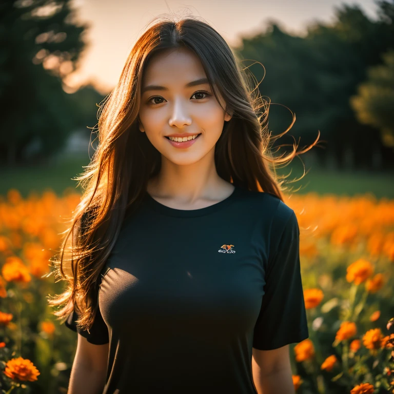 8K images, Shot with a high quality Fuji 45 camera.,000,000 pixels raw photo, best quality, Masterpiece:1.2), (realistic, photo-realistic:1.37), very detailed,
1 woman,cute, alone,Beautifully detailed sky,nighttime, Outdoors in the countryside there are red flowers.,) ,big breasts, seductive smile, wide aperture, professional lighting, Sony A7R4, 50mm sessile lens. 2 medium sized breasts,Beautifully detailed eyes,(dark orange t-shirt, Long hair floats up:1.2),floating hair