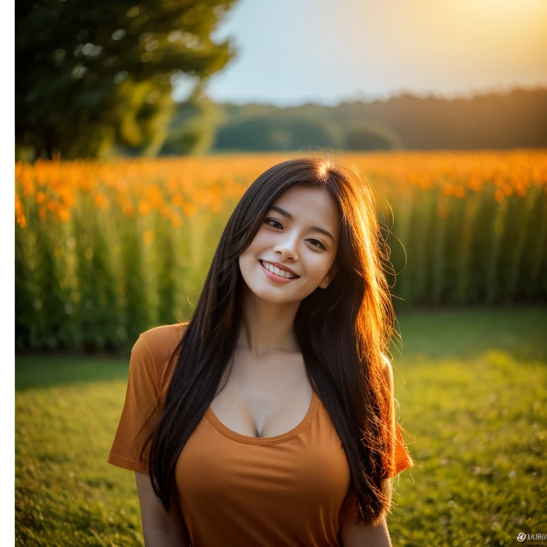 8K images, Shot with a high quality Fuji 45 camera.,000,000 pixels raw photo, best quality, Masterpiece:1.2), (realistic, photo-realistic:1.37), very detailed,
1 woman,cute, alone,Beautifully detailed sky,nighttime, Outdoors in the countryside there are flowers.,) ,big breasts, seductive smile, wide aperture, professional lighting, Sony A7R4, 50mm sessile lens. 2 medium sized breasts,Beautifully detailed eyes,(dark orange t-shirt, Long hair floats up:1.2),floating hair