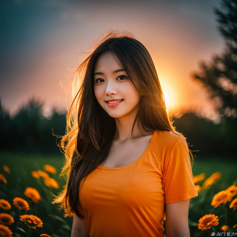 8K images, Shot with a high quality Fuji 45 camera.,000,000 pixels raw photo, best quality, Masterpiece:1.2), (realistic, photo-realistic:1.37), very detailed,
1 woman,cute, alone,Beautifully detailed sky,nighttime, Outdoors in the countryside there are flowers.,) ,big breasts, seductive smile, wide aperture, professional lighting, Sony A7R4, 50mm sessile lens. 2 medium sized breasts,Beautifully detailed eyes,(dark orange t-shirt, Long hair floats up:1.2),floating hair