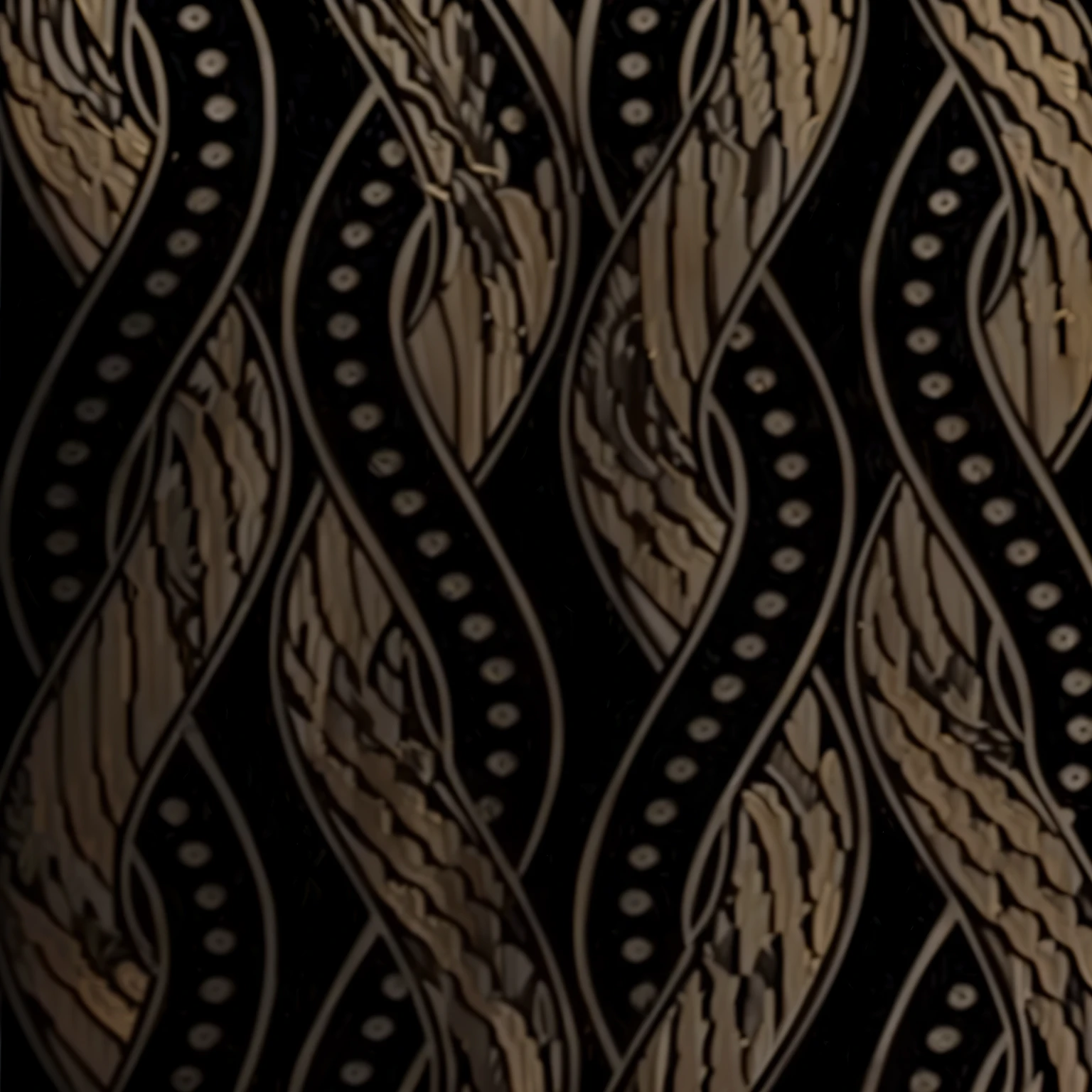 Close up of black and gold fabric with a pattern, Carbon black and ancient gold, Ebony Art Deco, gold black, Rich colors of black and gold, Carbon Black and Antique Gold, Curved Black, Art Deco with intricate ripples, embroidered velvet, black and gold wire, Dark and complex, Black fine lines on warm brown, art deco pattern