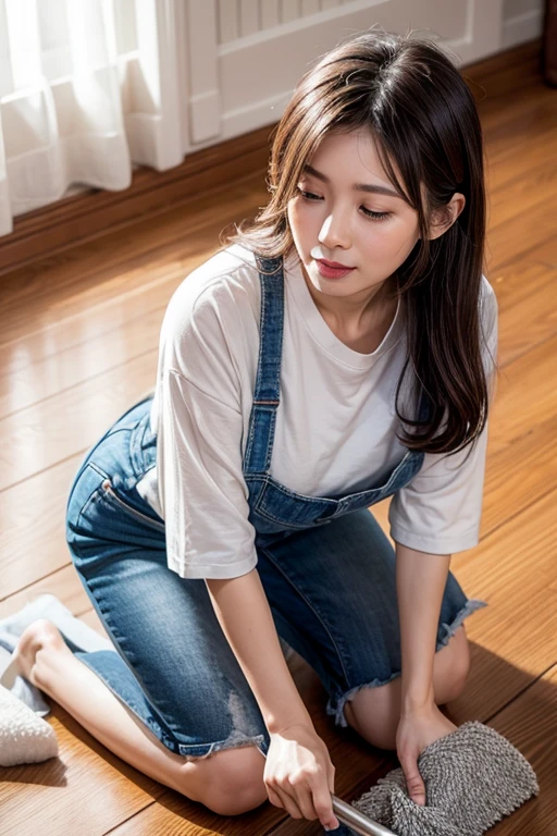 high quality、masterpiece、One Woman、Housewife、Floor cleaning、Sweaty