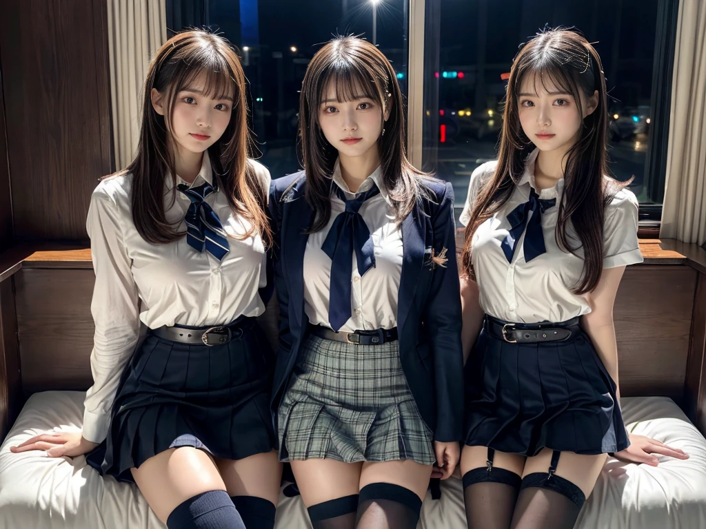 (8K, Raw photography, top-quality, masterpiece:1.2), master piece, best quality, illustration, Super detailed, fine details, High resolution, 8K,wall paper, perfect dynamic composition,(Details High quality, realistic depiction of eyes:1.3), ((2 girls, 2 schoolgirls)), The background is a luxury hotel room、High school girl uniform、blazer 、Super Short Check Uniform Skirt、Navy blue high socks、garterbelts、Colossal tits、Disturbed uniform, Play with each other,Touching each other's bodies,Touching the body of the girl next door, short bob hair, black hair color, huge breasts, Big Natural Color Lip, bold sexy pose, (perfect body shape), crying a little、cold gaze, Beautiful makeup,glitter makeup,Cutest 18 years old, beautiful legs, hposing Gravure Idol, Voluptuous thighs