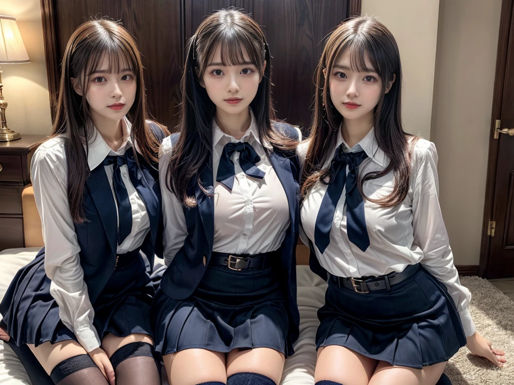 (8K, Raw photography, top-quality, ​masterpiece:1.2), master piece, best quality, illustration, Super detailed, fine details, High resolution, 8K,wall paper, perfect dynamic composition,(Details High quality, realistic depiction of eyes:1.3), ((2 girls, 2 schoolgirls)), The background is a luxury hotel room、High school girl uniform、blazer 、Super Short Check Uniform Skirt、Navy blue high socks、garterbelts、Colossal tits、Disturbed uniform, Play with each other,Touching each other's bodies,Touching the body of the girl next door, short bob hair, black hair color, huge breasts, Big Natural Color Lip, bold sexy pose, (perfect body shape), crying a little、cold gaze,  Beautiful makeup,glitter makeup,Cutest 18 years old, beautiful legs, hposing Gravure Idol, Voluptuous thighs