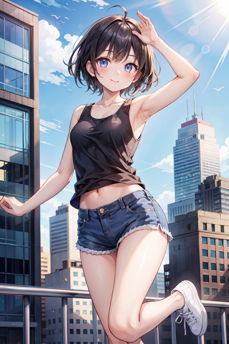 (8K、Highest image quality、highest quality、masterpiece)、detailed face、((one loli))、black hair、double bun、gray eyes、evil smile、((grin))、small breasts、((black camisole))、((denim pencil skirt))、((miniskirt))、arms behind back、cowboy shot、Take from below、city background