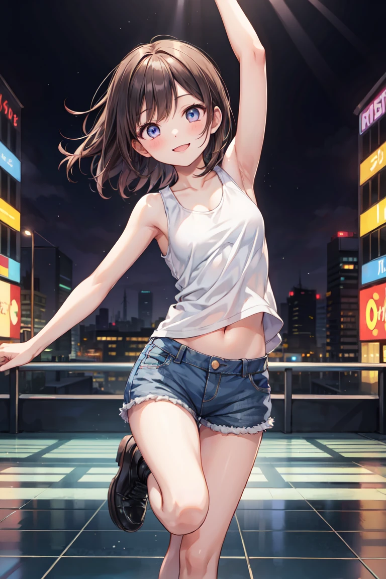 （Masterpiece、high quality、high resolution）、1 Girl、Shorts、Tank top、City、dance、smile、Lift your legs