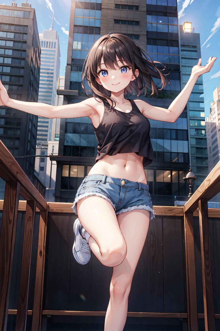 （Masterpiece、high quality、high resolution）、1 Girl、Shorts、Tank top、City、dance、smile、Lift your legs