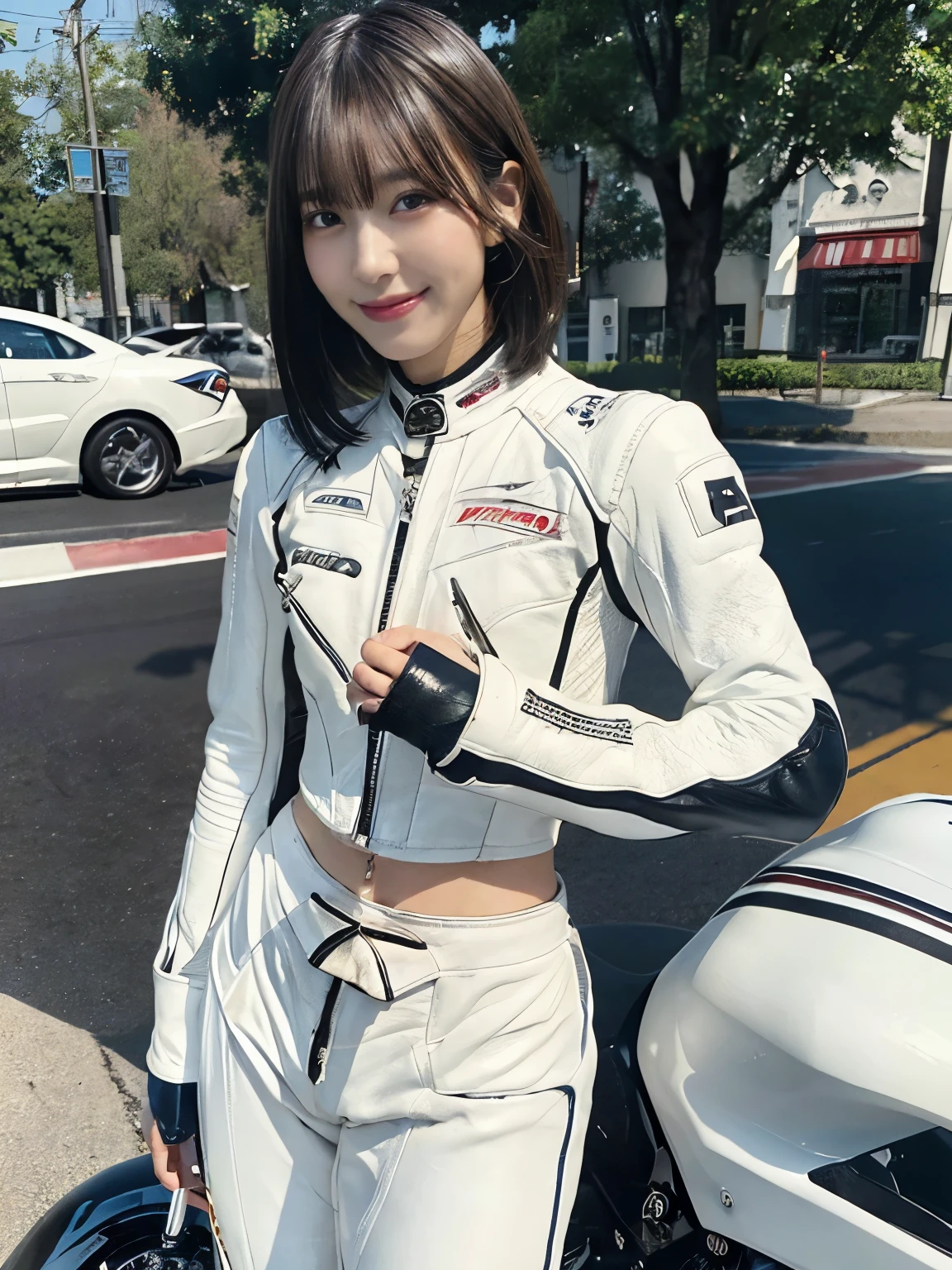 best quality, detailed, beautiful, insanely detailed, absurdres,perfect anatomy, racer replica motorcycles speeding down the highway, white rider suit, Japanese female,black hair,27 years old, (slender), (small breasts),(super fucking beautiful)