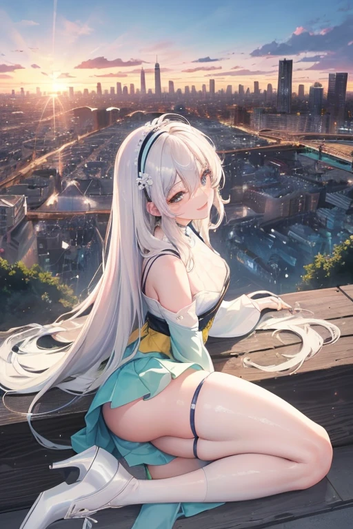 Official Art, masterpiece, Clear focus, (beautiful, Beautiful and cute Korean woman:1.3), (Beautiful and cute Korean:1.3), Korean beauty, 精致beautiful头发、Eyes and face, actual, Super detailed, beautiful女孩, Blue sky, Glowing white particles, (Side Light:1.2), Sunlight, White Cloud, Detailed clouds, Slim, Such a cute big ass, Smile with teeth bared, ((Smile with your eyes, Open your eyes)), landscape, Long straight hair, sexy facial expression, architecture, (city View:1.7), Dynamic Hair, very Long straight hair, Delicate platinum-blonde hair, Green Eyes, Pink skirt, Black socks, Pale skin, Hair accessories, epic landscape,,White high heels,Nice ass,beautiful buttocks,There's nothing under the skirt.,weight loss