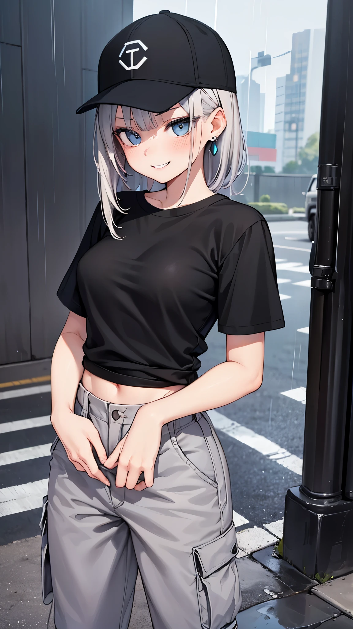 Black sweater,Small breasts,Short Hair,Grey Hair,Blue Eyes,Cat ear,Resolute expression,Upright posture,Around age 36,