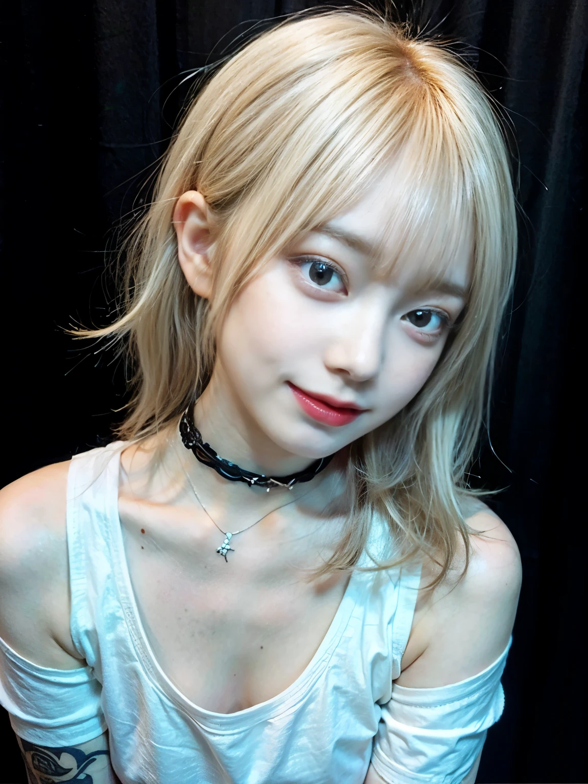 1 girl, Wink, blonde, freckles, Arm tattoo, Plain white t-shirt, choker