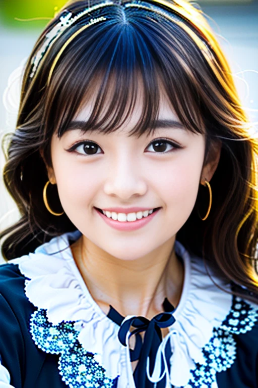 (Highest quality details:1.2), Realistic, 8K Ultra HD, High resolution, Fujifilm(Medium format), Hasselblad, Carl Zeiss, Incredible dynamic range photography(utility_art:Smoose-768:1.1), (One Girl:1.2), Super detailed, High quality textures, Intricate details, detailed, Very detailed CG, High Quality Shadows, detailed Beautiful and delicate face, detailed Beautiful and delicate eyes, Depth of written boundary, Ray Tracing, 18 years old, Cute Japanese Girl, Narrow Face, Glossy lips, Glowing Eyes, Glowing Eyes, Perfect body, View the viewer, (Jewelry Earrings), (Eye Color: Brown), (Bright red flower hair ornament), (Long white hair), (Layered Hairstyles), (Classic Gothic Lolita:1.5), Fashion Model Style, face close up, smile