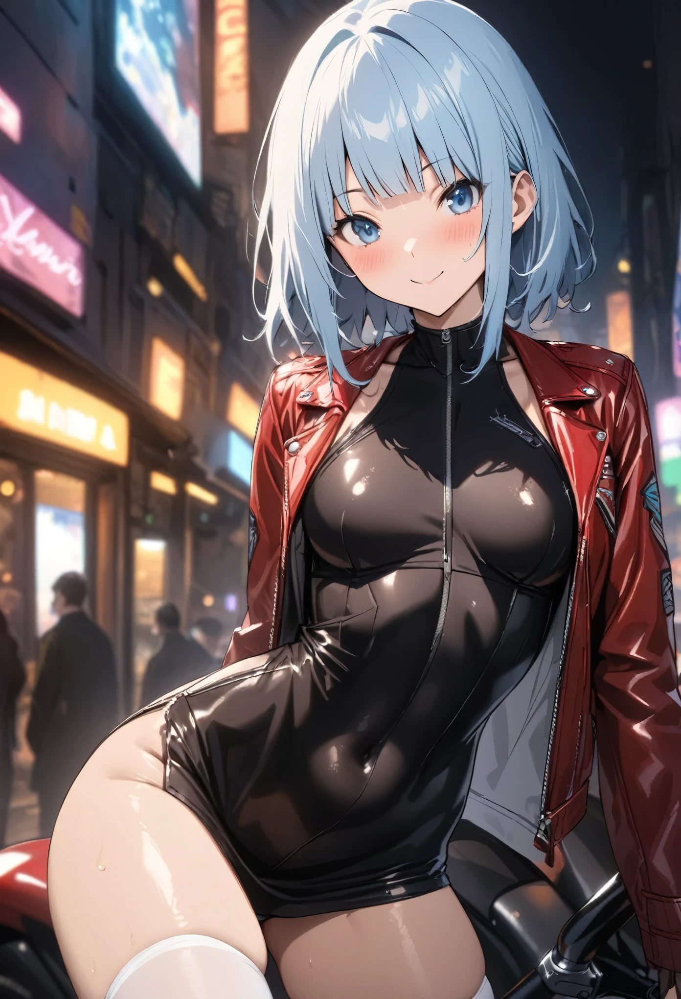 ((masterpiece, highest quality:1.2)),cowboy shot,1woman,20 year old beauty,solo,((very small head)),short hair,messy hair,light blue hair,blue eyes,blunt,((very long and slender body)),toned body,skinny,medium breasts,shiny skin,oily skin,blush,smile, BREAK ,Red leather biker jacket、 Dark blue mini dress、white_thighhighs、 BREAK ,Get on a bike、Harley Davidson、on street,Big cities、Cyberpunk World、