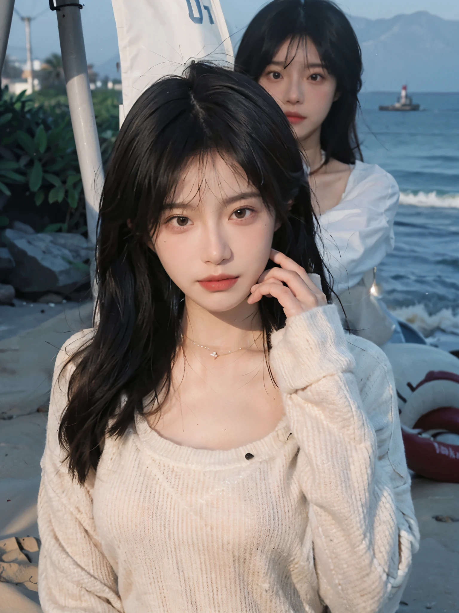 best qualtiy， Ultra-high resolution， （realisticlying：1.4），cute hairpin，1girll，with long coiled hair,Quartered sweater ，Blushlush，Beautiful woman with a slim figure:1.4, Pronounced abs，On the sandy beach,Ultra-fine face，Elaborate Eyes，double eyelid，choker necklace