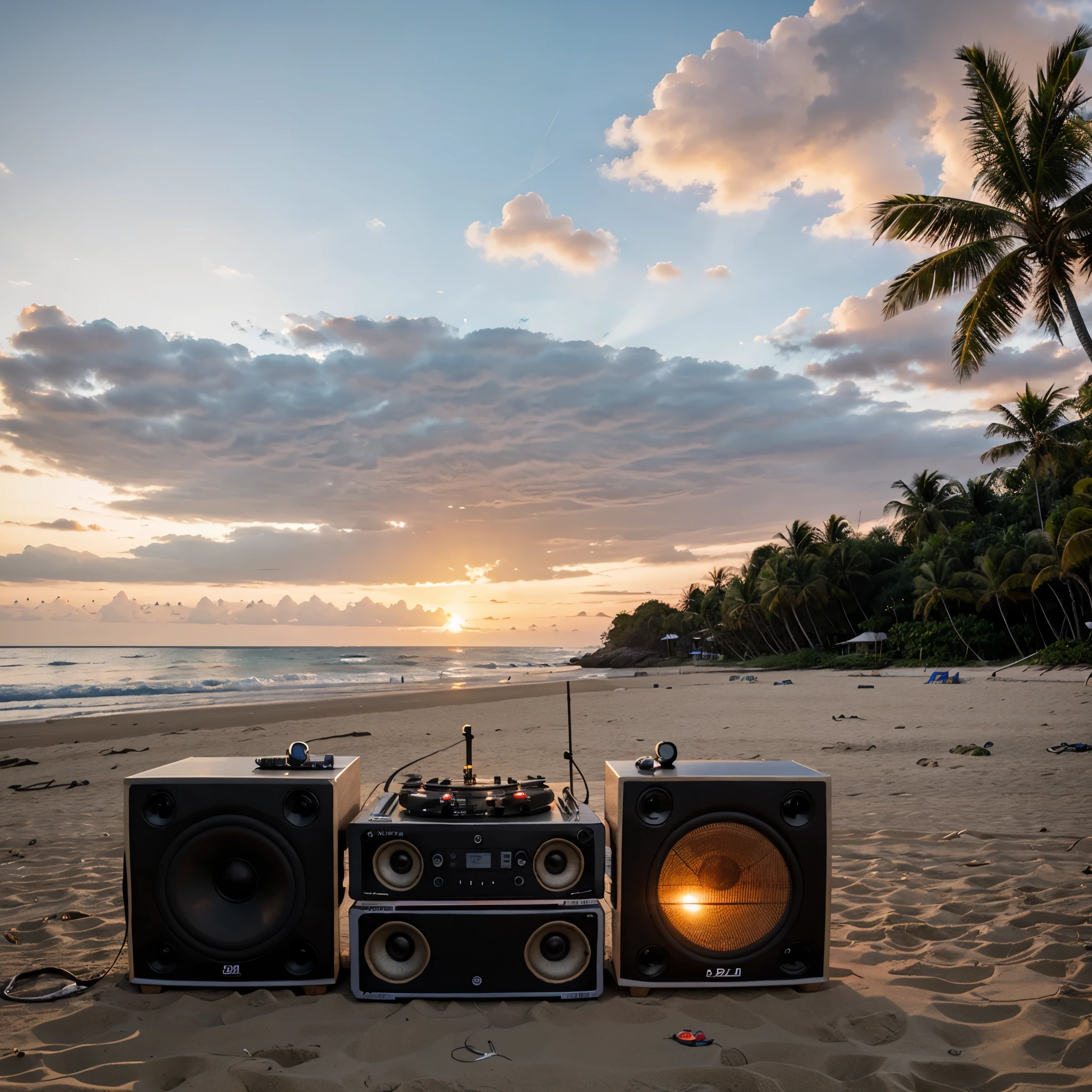 realistic DJ pikup and speakers, on a beach, at sunset, in a tourist spot in Bahia