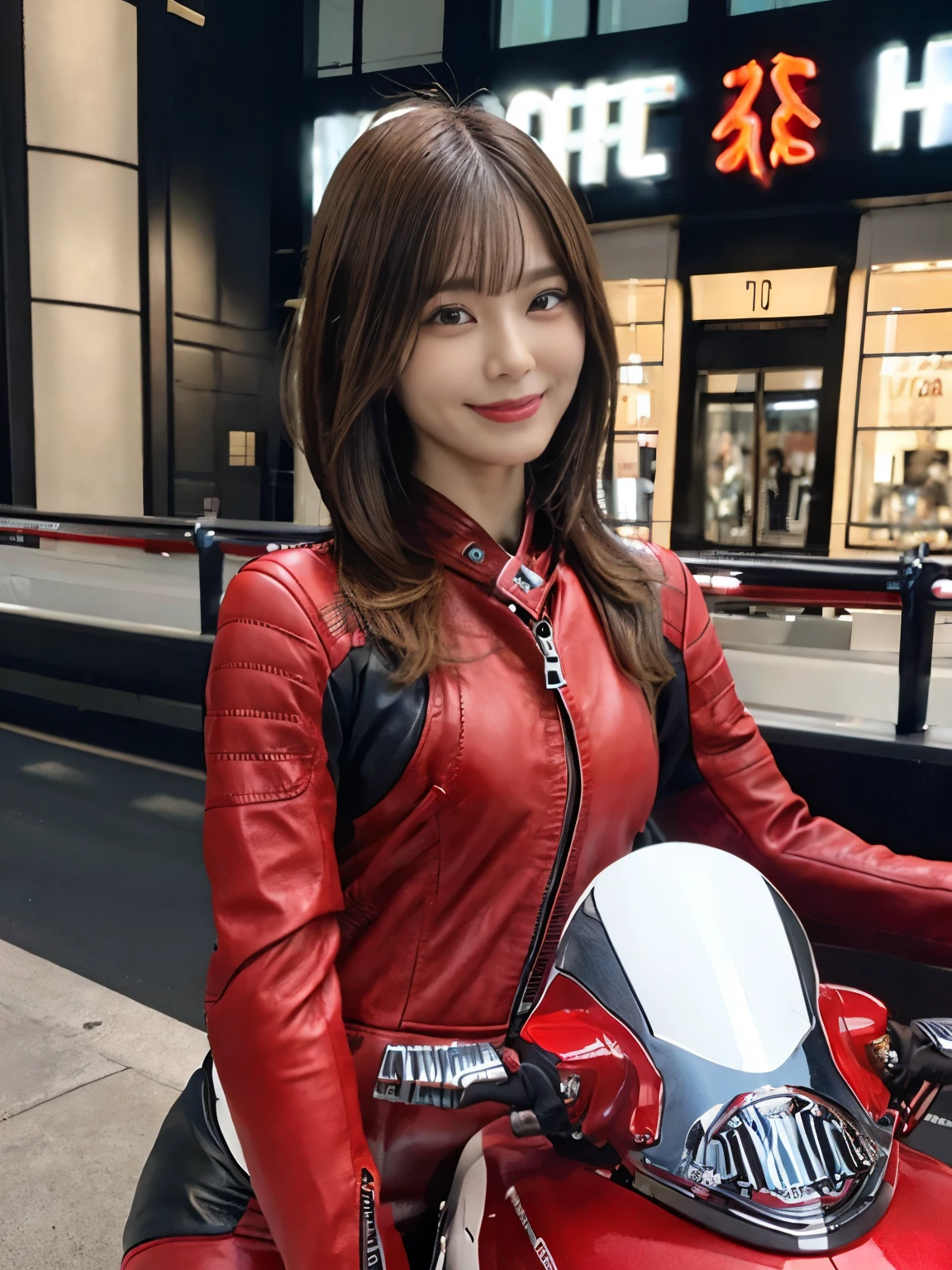 (Realistic:1.5), 8k, Ultra-high-definition beauty, 1 female, Intricate body details, (short: 1.3), (highest quality: 1.0), (Super sharpness: 1.0), (Thin Hair:1.4),(Beautiful and delicate depiction of eyes),((((Riding a motorcycle)))),Unreal Engine:1.4,photoRealistic:1.4, Skin Texture:1.4, masterpiece:1.8,highest quality at best,Full Body Shot、(((Red racing leather suit and long pants)))、Long limbs、smile