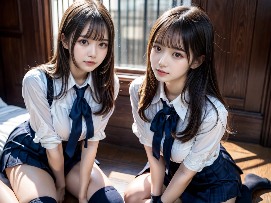 (8K, Raw photography, top-quality, masterpiece:1.2), master piece, best quality, illustration, Super detailed, fine details, High resolution, 8K,wall paper, perfect dynamic composition,(Details High quality, realistic depiction of eyes:1.3), ((2 girls, 2 schoolgirls)), The background is a luxury hotel room、High school girl uniform、blazer 、Super Short Check Uniform Skirt、Navy blue high socks、garterbelts、Colossal tits、Disturbed uniform, Play with each other,Touching each other's bodies,Touching the body of the girl next door, short bob hair, black hair color, huge breasts, Big Natural Color Lip, bold sexy pose, (perfect body shape), crying a little、cold gaze, Beautiful makeup,glitter makeup,Cutest 18 years old, beautiful legs, hposing Gravure Idol, Voluptuous thighs