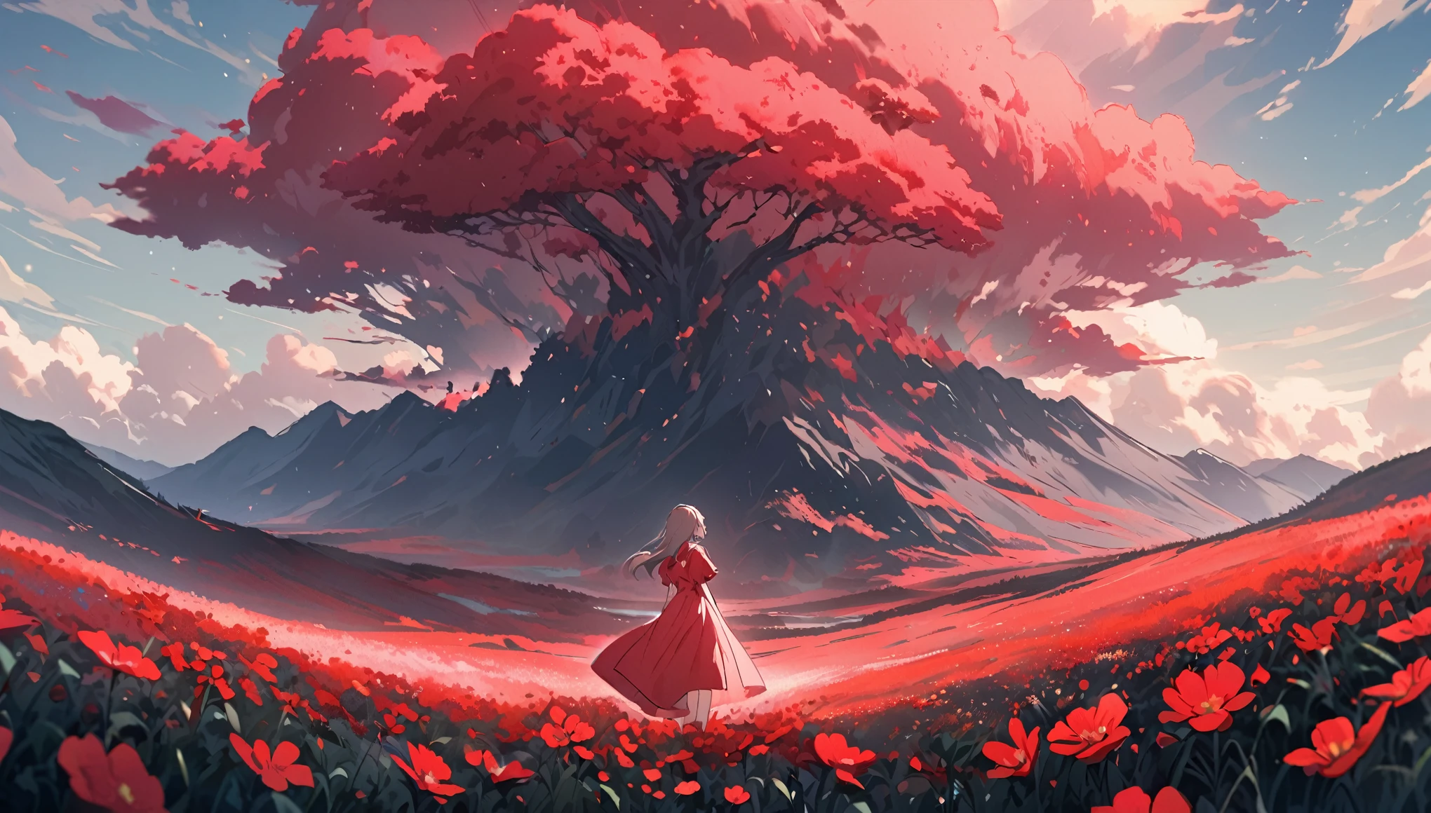 A girl wearing a pastel red dress, standing in a field full of beautiful red flowers, looking at a vast mountain from a distance.