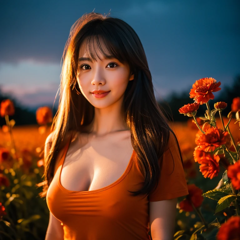 8K images, Shot with a high quality Fuji 45 camera.,000,000 pixels raw photo, best quality, Masterpiece:1.2), (realistic, photo-realistic:1.37), very detailed,
1 woman,cute, alone,Beautifully detailed sky,nighttime, Outdoors in the countryside there are red flowers.,) ,big breasts, seductive smile, wide aperture, professional lighting, Sony A7R4, 50mm sessile lens. 2 medium sized breasts,Beautifully detailed eyes,(dark orange t-shirt, Long hair floats up:1.2),floating hair