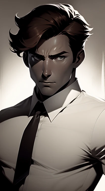 Mid 20s male detective, brown hair, detailed, toned body, simple, Noir et blanc, monochrome, looking at viewer, plain looking, white shirt and tie, gritty, facial stubble