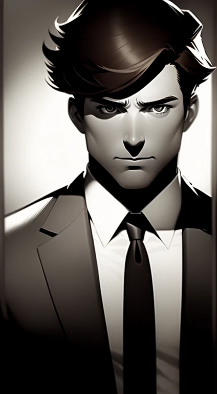  Mid 20s male detective, brown hair, detailed, toned body, simple, Noir et blanc, monochrome, looking at viewer, plain looking, white shirt and tie, gritty, facial stubble