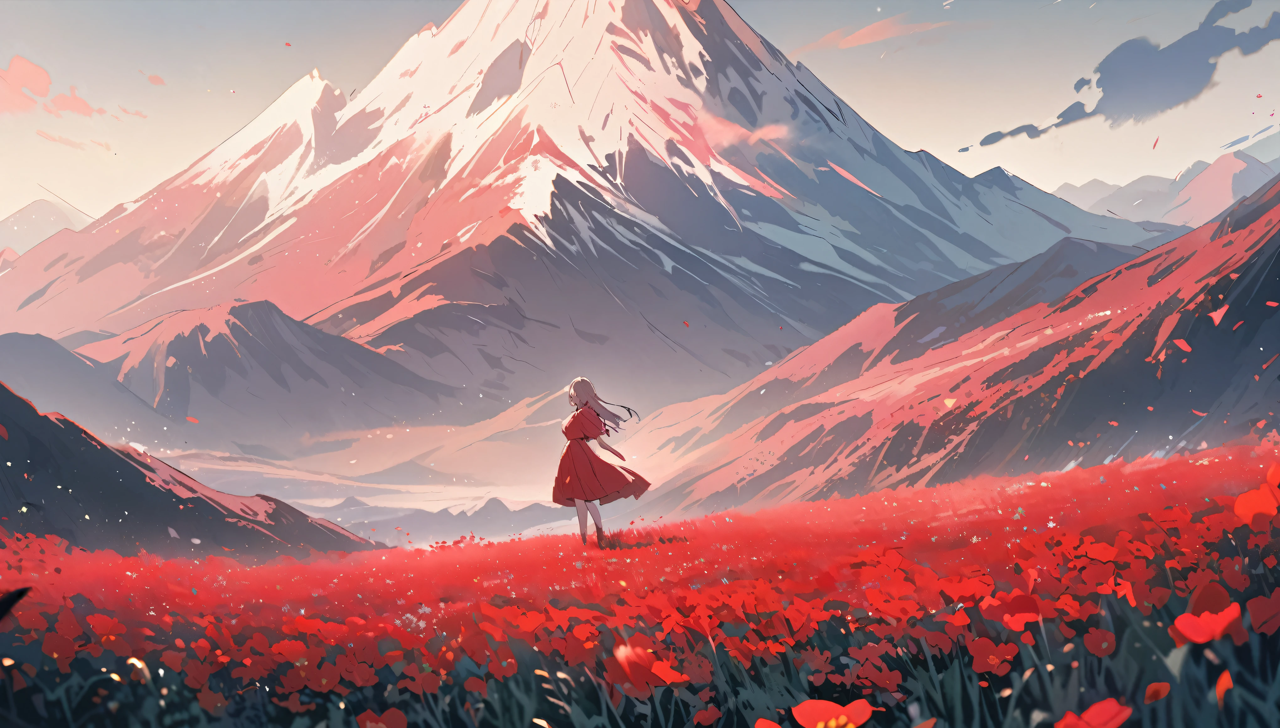 A girl wearing a pastel red dress, standing in a field full of beautiful red flowers, looking at a vast mountain from a distance.
