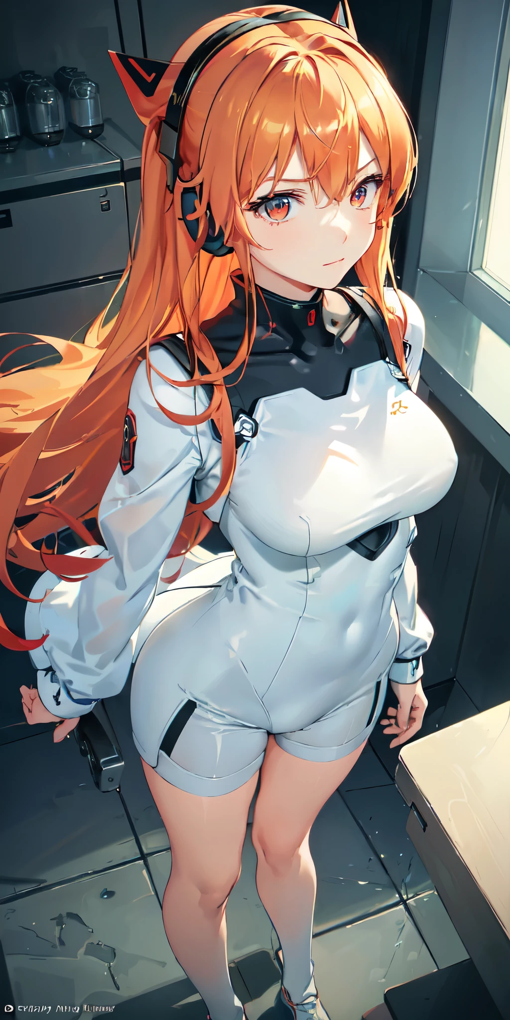 (Overhead view),dynamic angle,ultra-detailed, illustration, close-up, straight on, 1girl, 
 ((souryuu asuka langley, interface headset, red bodysuit:1.4, blonde)),Her eyes shone like dreamy stars,(glowing eyes:1.233),(beautiful and detailed eyes:1.1),(expressionless,closed mouth),(standing), 
(mechanic room with toolsand spaceship windowin a white SPACESHIP),
(night:1.2),dreamy, [[delicate fingers and hands:0.55]::0.85],(detail fingers),