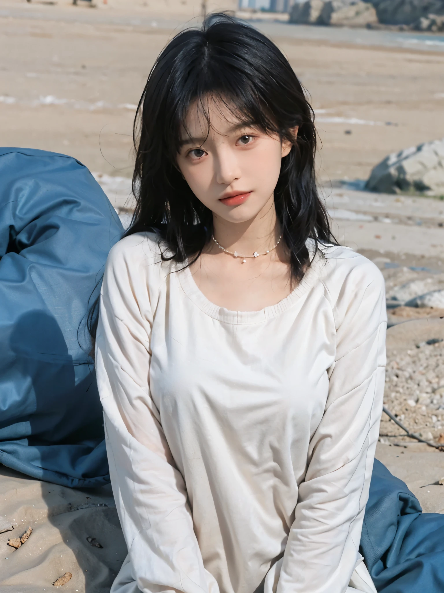 best qualtiy, Ultra-high resolution, (realisticlying:1.4),cute hairpin,1girll,with long coiled hair,Quartered sweater ,Blushlush,Beautiful woman with a slim figure:1.4, Pronounced abs,On the sandy beach,Ultra-fine face,Elaborate Eyes,double eyelid,choker necklace