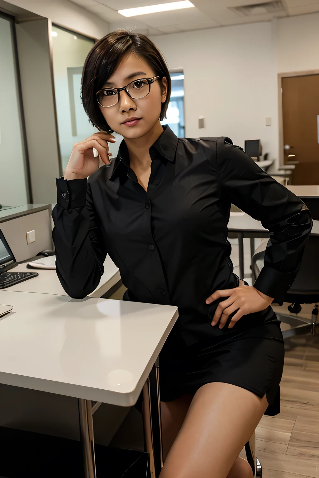 Beautiful short haired asian with office uniform with glasses