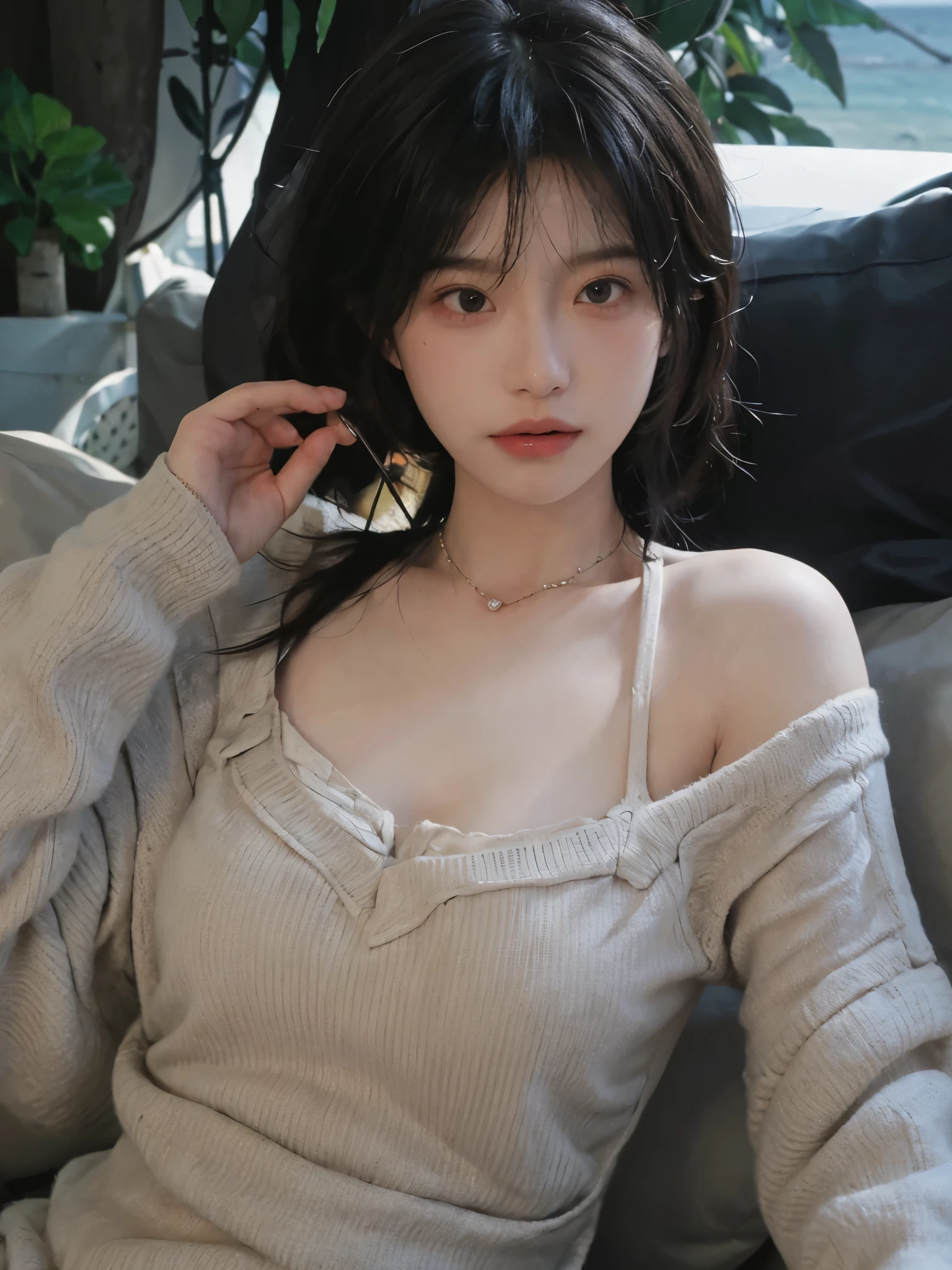 best qualtiy， Ultra-high resolution， （realisticlying：1.4），cute hairpin，1girll，with long coiled hair,Quartered sweater ，Blushlush，Beautiful woman with a slim figure:1.4, Pronounced abs，On the sandy beach,Ultra-fine face，Elaborate Eyes，double eyelid，choker necklace