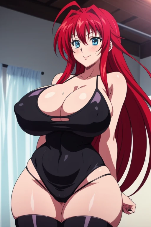 High resolution, Highschool Dxd, Rias Gremory, 1girl, ((bimbo))), long black hair, blue eyes, erotic smile face, sexy face, puffy lips, painted lips, thick lips, wide hips, thick thighs, thick hourglass figure, busty, enormous Natural breasts, shiny skin, oily skin, hot pants, white top, gym, revealing cleavage, sweat, tall, legs, breasts posing,