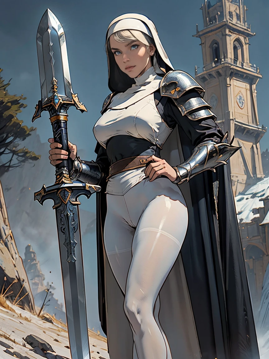 (masterpiece, top quality, best quality, official art, beautiful and aesthetic:1.2), (1girl:1.3), ((Sharp facial features, sharp features, hawkish features)), ((blue eyes)), busty brunette paladin knight girl, extremely detailed, portrait, looking at viewer, solo, (full body:0.6), detailed background, full-body shot, (warm mountain meadow theme:1.1), holy knight, (nun), charlatan, smirk, mysterious, swaying in mountains, armor, polished metal, gold trim, long boots, white fabric, stockings, robe, pale leather, ((((nun, greatsword, heavy armor, armored, long legs, toned, muscular)))), slim waist, slim hips, long legs, medieval (mountain exterior:1.1) background, dark mysterious lighting, shadows, magical atmosphere, dutch angle, ((cameltoe panty)), ((curvy)), ((naked muscular thighs:1.2))