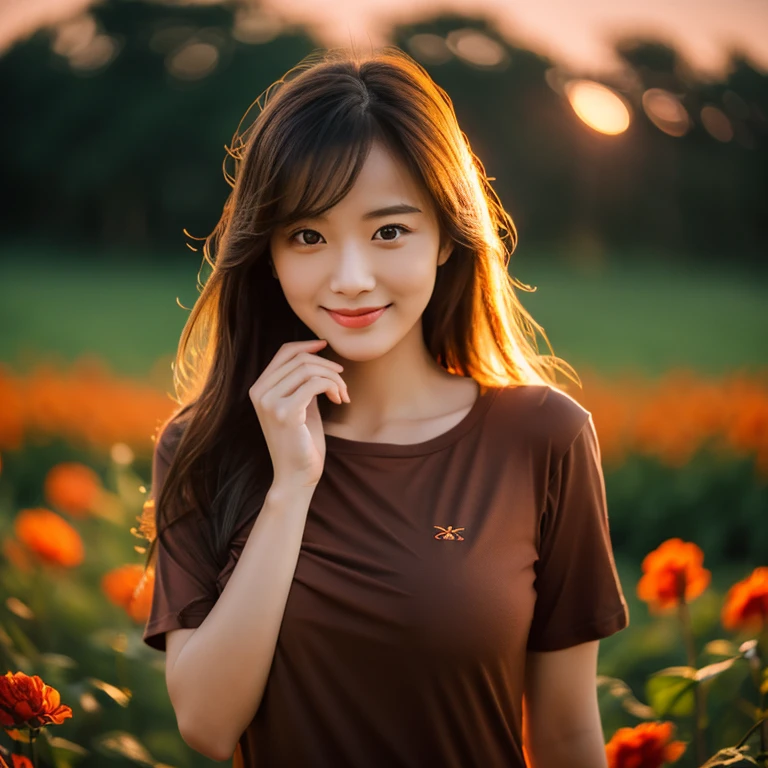 8K images, Shot with a high quality Fuji 45 camera.,000,000 pixels raw photo, best quality, Masterpiece:1.2), (realistic, photo-realistic:1.37), very detailed,
1 woman,cute, alone,Beautifully detailed sky,nighttime, Outdoors in the countryside there are red flowers.,) ,big breasts, seductive smile, wide aperture, professional lighting, Sony A7R4, 50mm sessile lens. 2 medium sized breasts,Beautifully detailed eyes,(dark orange t-shirt, Long hair floats up:1.2),floating hair