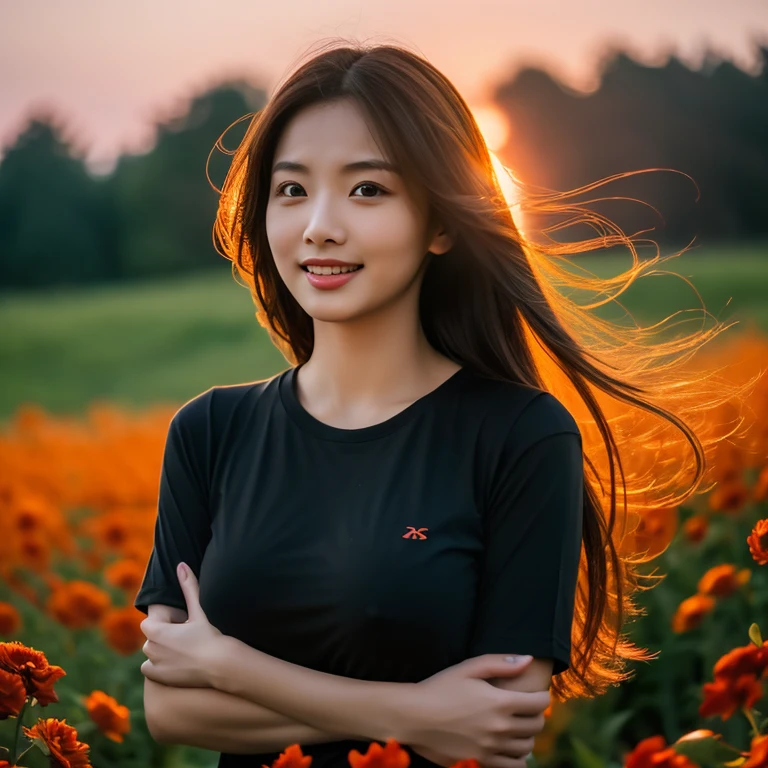 8K images, Shot with a high quality Fuji 45 camera.,000,000 pixels raw photo, best quality, Masterpiece:1.2), (realistic, photo-realistic:1.37), very detailed,
1 woman,cute, alone,Beautifully detailed sky,nighttime, Outdoors in the countryside there are red flowers.,) ,, seductive smile, wide aperture, professional lighting, Sony A7R4, 50mm sessile lens. 2 medium sized breasts,Beay detailed eyes,(dark orange t-shirt, Long hair floats up:1.2),floating hair